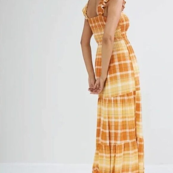 Anthropologie Maxi Dress – Orange Plaid, Tiered, Smocked Bodice, Ruffle Straps - Picture 4 of 8